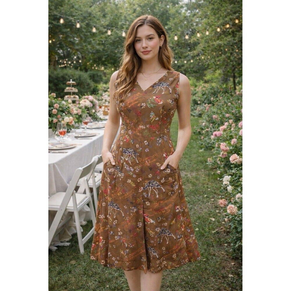Frock Shop Silk Blend Midi Dress Brown Fairycore Woodland Print Sleeveless SizeM